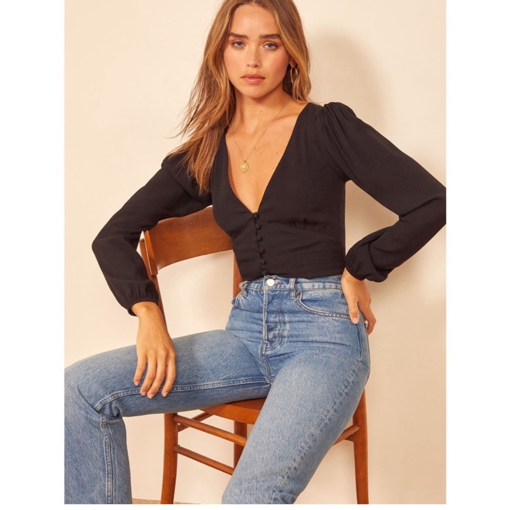 NWT Reformation Nell Top LONG SLEEVE CREPE WOMENS SIZE M  BLACK